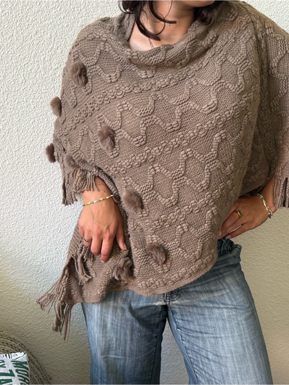 Taupe Pom-Pom Knit Sweater Poncho - Women